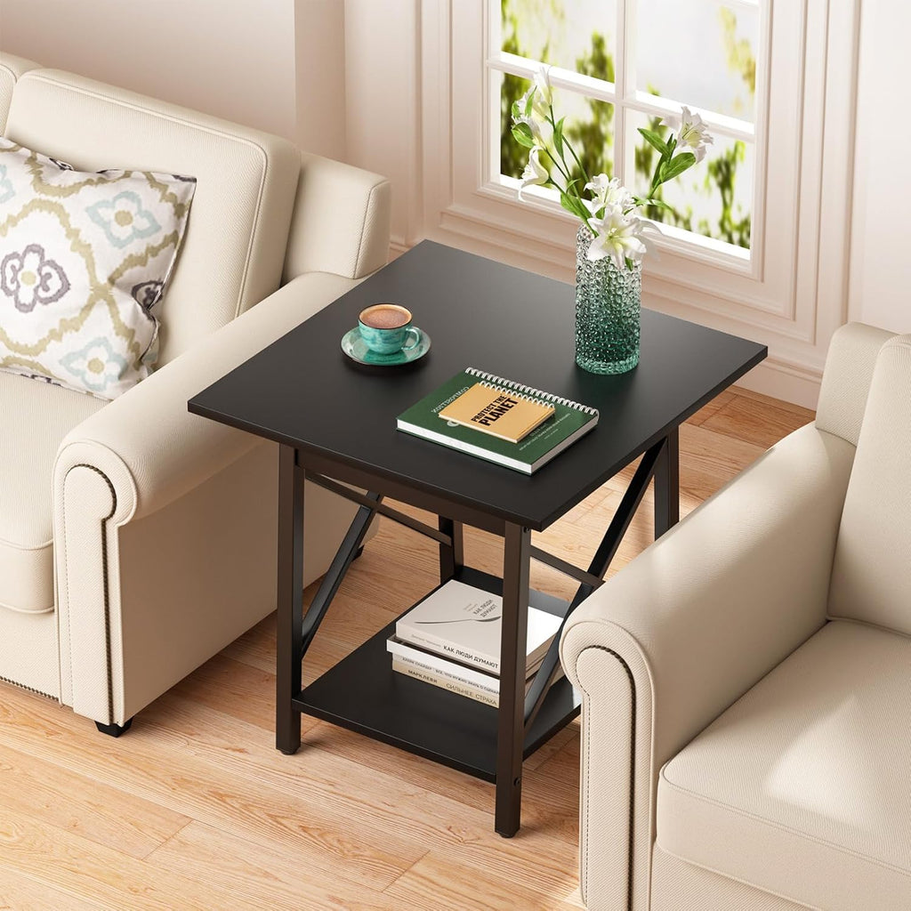 GreenForest Square End Table for Living Room, 20 Inch Large Side Table with X-Frame, Farmhouse Tall Bedside Nightstand with 2-Tier Storage Shelf, Black