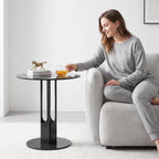 Round Tempered Glass Side Table, Black Metal End Table with Gray Glass Top, Modern Accent Table for Living Room, Bedroom, Sofa Side, Small Spaces