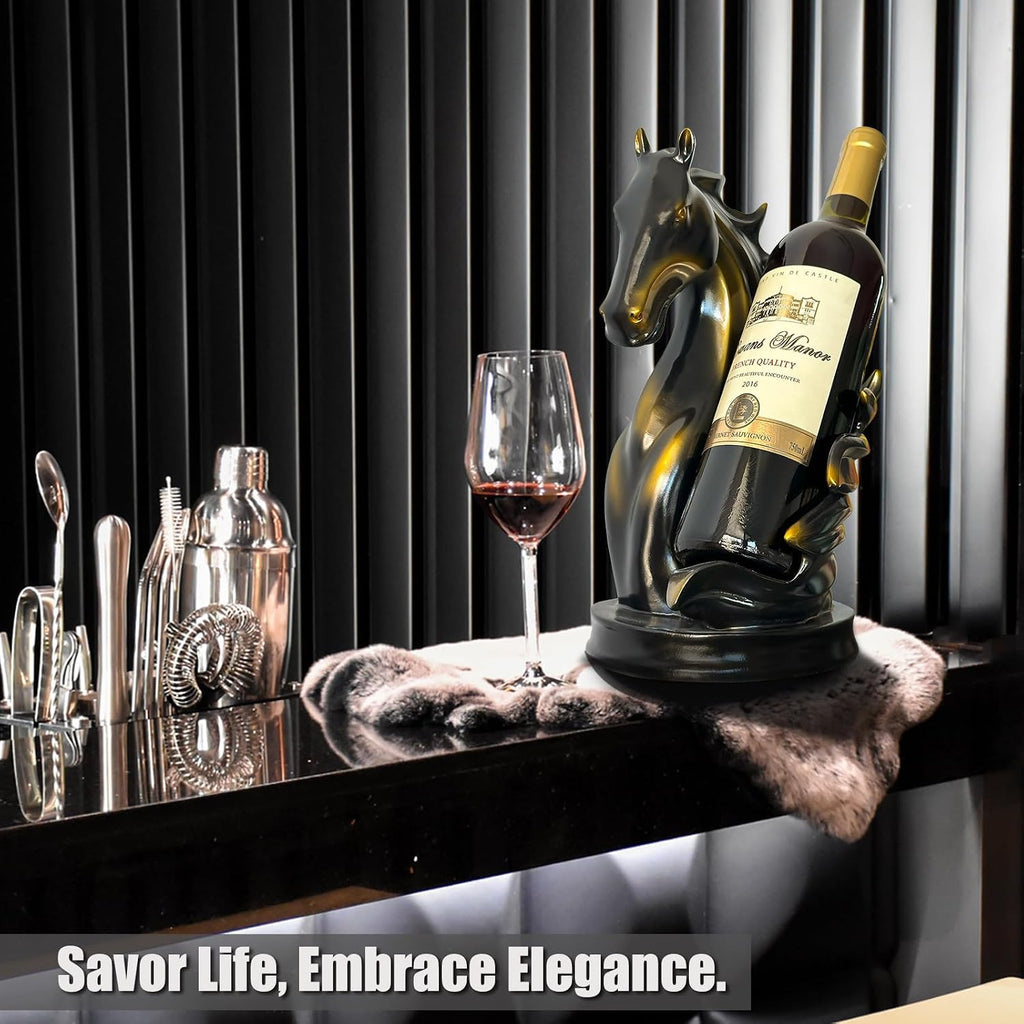 Wine Bottle Holder Wine Racks Tabletop Horse Statue as Home Kitchen Wine Cellar Decorative Storage Organizer, Horse Sculpture Horse Decor Horse Gifts for Girls Men Women (Black)