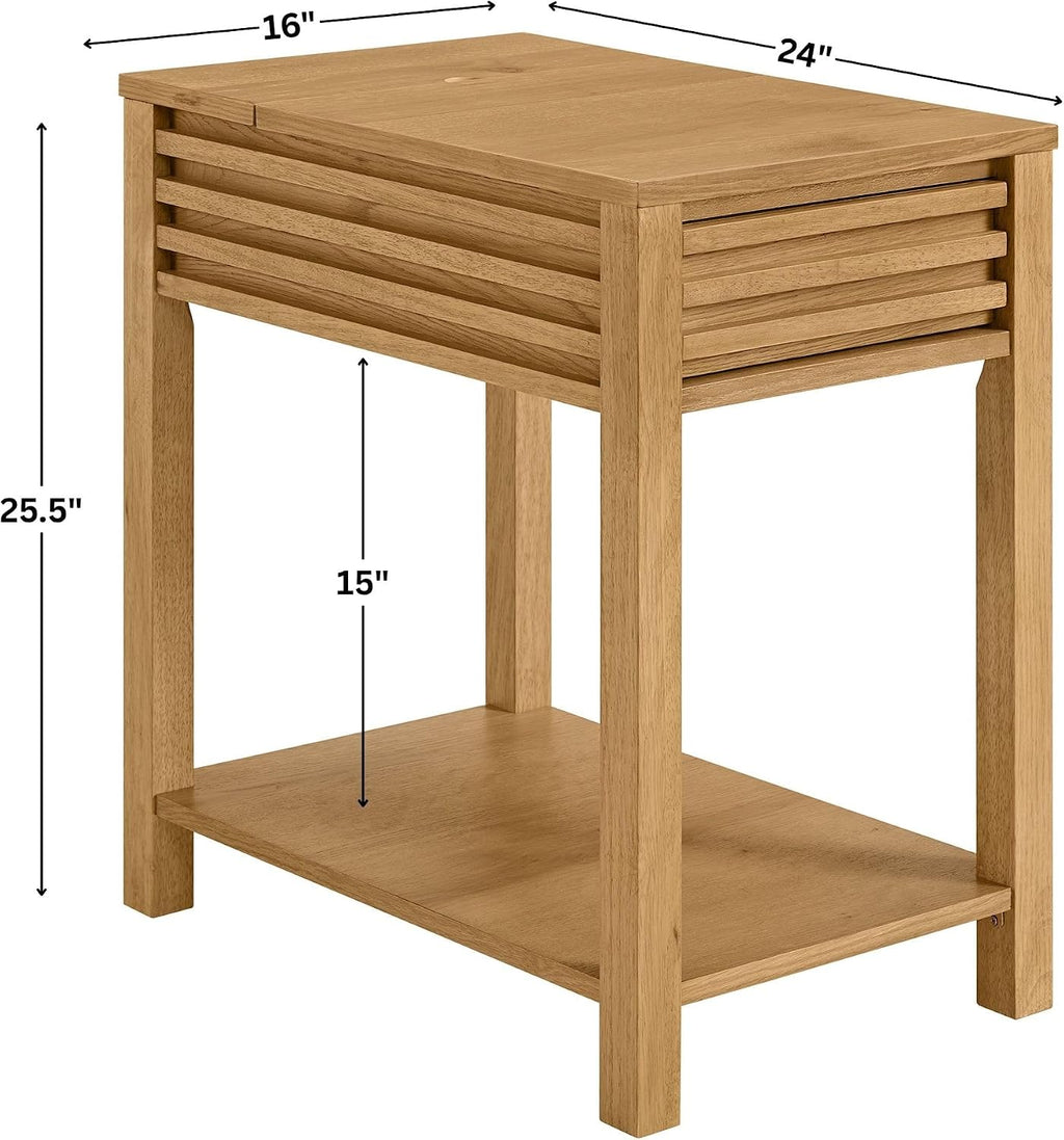 Martin Svensson Home Julian Genuine Oak Chairside Table, 27 Inch, Mid Century Modern End Table with Charging Station, USB & USB-C, Drawer, Lower Shelf, Adjustable Leveling Feet, Light Oak Natural