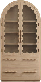 Modway Rory 76 Inch Arched Kitchen Pantry Cabinet with Glass Doors in Light Oak - Vintage Retro Accent Display Stand for Dining Room, Living Room, Hallway