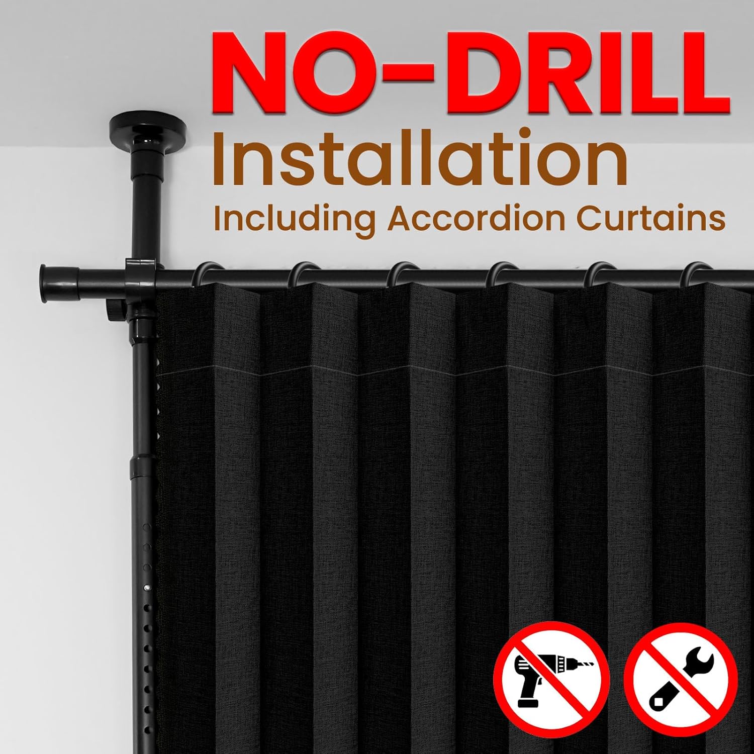 100% Blackout Room Divider Curtains Sets Black 2 Panels W100 x L84in No Drill Curtain Rods(H) 43-120×(W) 35-200 in for Studio Apartment Dorm Office