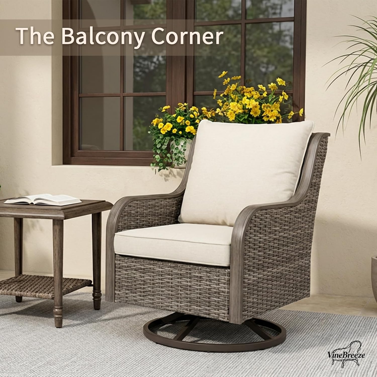 Swivel PE Wicker Chair, Outdoor Patio Chair with 360° Rotation & Water-Resistant Cushion for Porch, Deck, Balcony – All-Weather Handwoven Design (Beige, 1PCS)