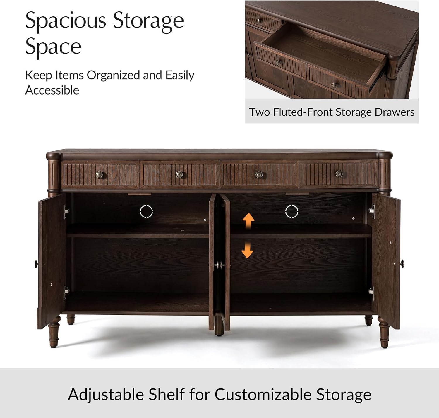 HULALA HOME Wood Sideboard Cabinet, 58" Storage Sideboard with 2 Adjustable Shelves, 2 Fluted Drawers & 4 Doors, Credenza Console, Transitional Buffet with Wood Legs, Auburn