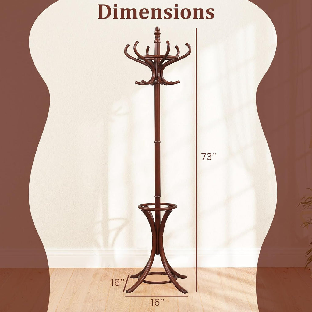 Tangkula Coat Rack with Umbrella Holder, 73 Inch Freestanding Coat Hanger Stand with 12 Hooks, Wooden Entryway Coat Tree for Clothes, Bags, Hats, Scarves, Living Room, Bedroom, Hallway (Reddish Brown)