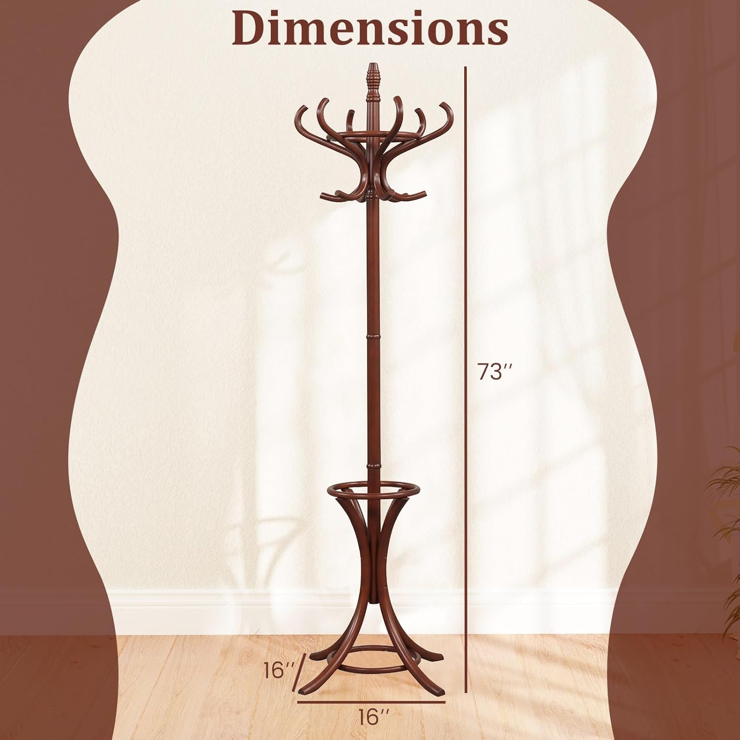 Tangkula Coat Rack with Umbrella Holder, 73 Inch Freestanding Coat Hanger Stand with 12 Hooks, Wooden Entryway Coat Tree for Clothes, Bags, Hats, Scarves, Living Room, Bedroom, Hallway (Reddish Brown)