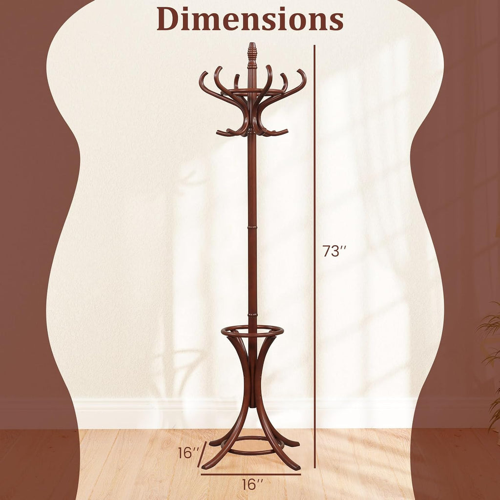 Tangkula Coat Rack with Umbrella Holder, 73 Inch Freestanding Coat Hanger Stand with 12 Hooks, Wooden Entryway Coat Tree for Clothes, Bags, Hats, Scarves, Living Room, Bedroom, Hallway (Reddish Brown)