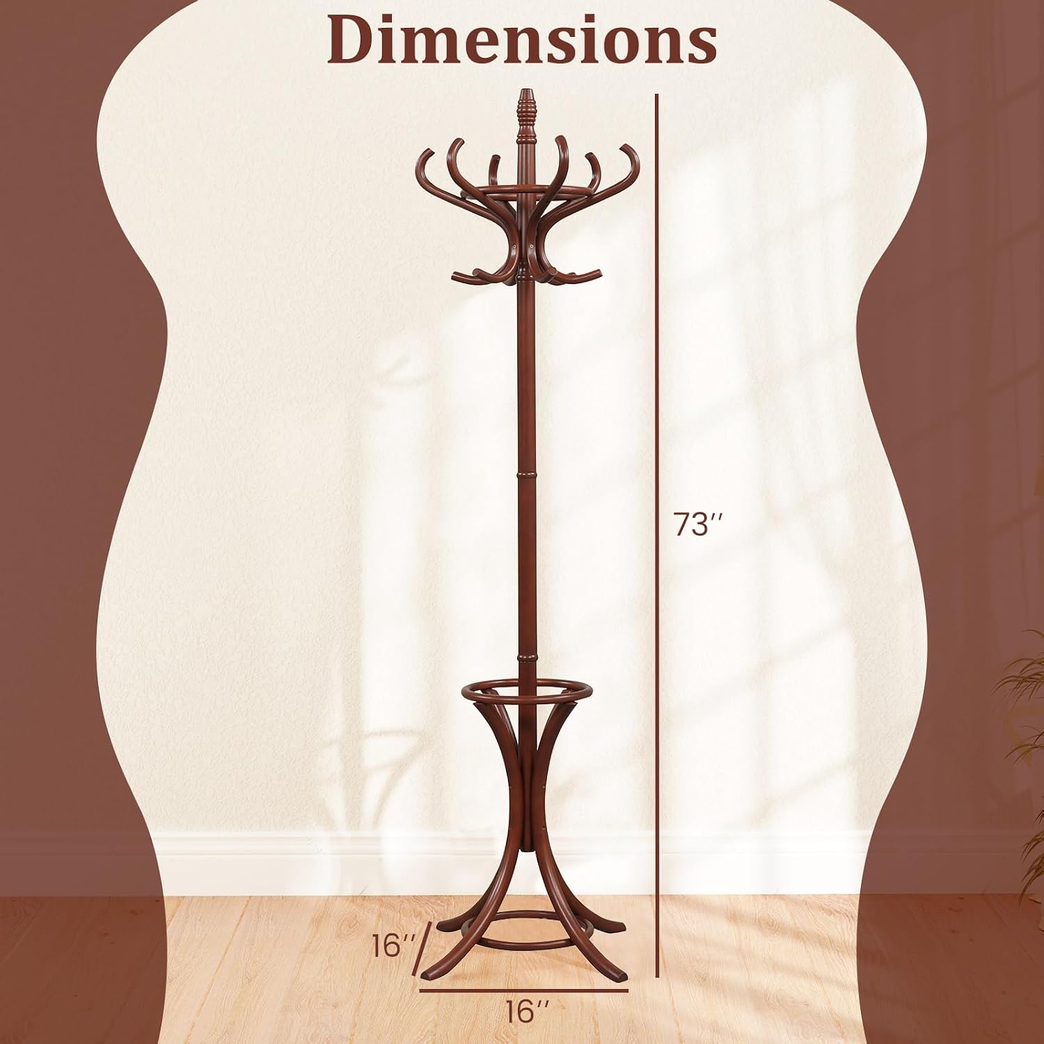 Tangkula Coat Rack with Umbrella Holder, 73 Inch Freestanding Coat Hanger Stand with 12 Hooks, Wooden Entryway Coat Tree for Clothes, Bags, Hats, Scarves, Living Room, Bedroom, Hallway (Reddish Brown)