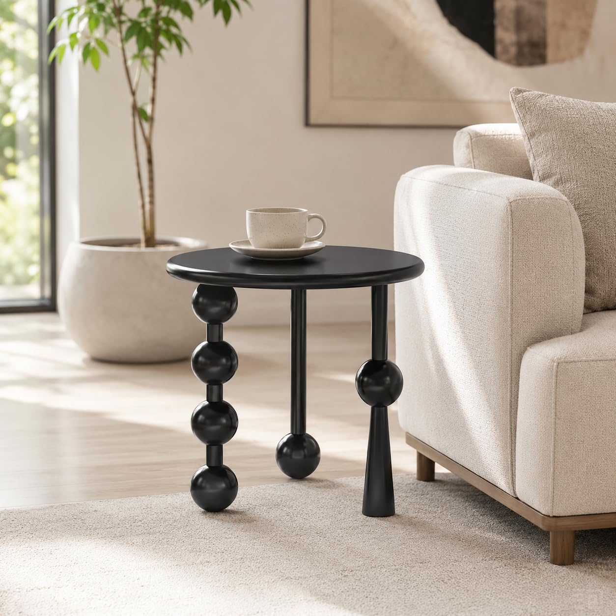 Modern Round Side Table for Living Room, 19.69" Solid Wood Side Table, Sofa Side Bedside Table with Funny Wood Globe Legs, Round Coffee End Table,(Black)