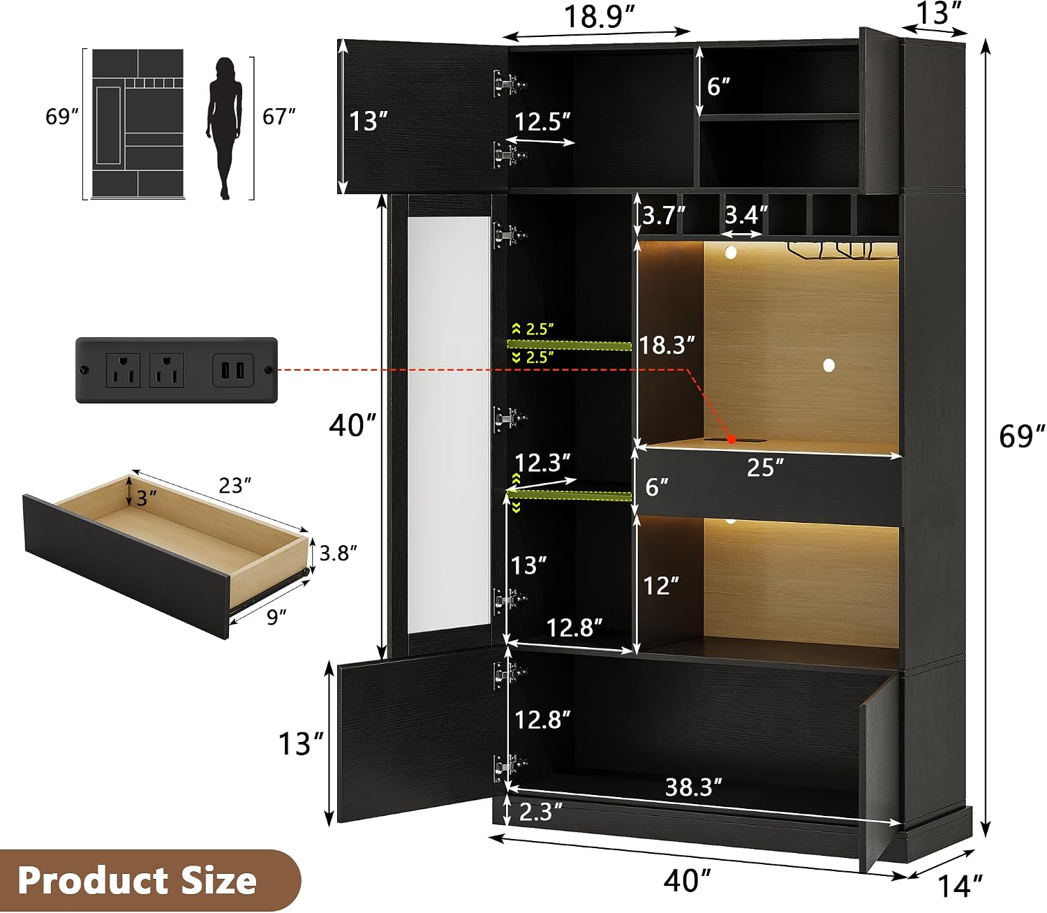 Einhomn 69" Kitchen Pantry Cabinet with LED Lights & Charging Station & Wine Rack, Large Kitchen Hutch with Glass Door & Countertop & Adjustable Shelves for Dining Room, Living Room, Black