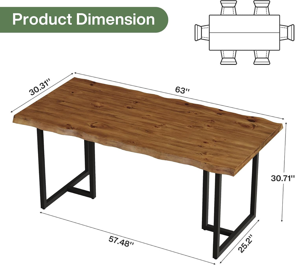 63" Solid Wood Dining Table for 4–6, Rectangular Kitchen & Dining Room Table with Live-Edge Inspired Top, Industrial Dining Table with Heavy-Duty Metal Frame