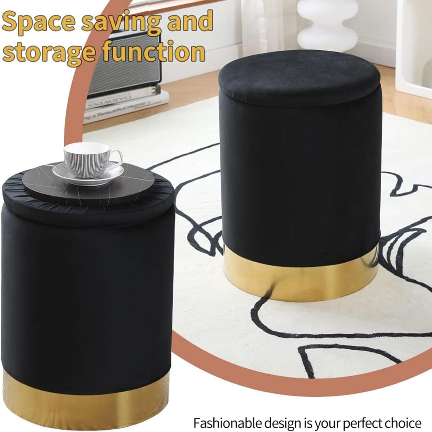 Velvet Storage Ottoman Multipurpose Footrest Stool with Metal Base Modern Round Vanity Stool Chair Ottoman Foot Stools Support 300 lbs Padded Seat for Living Room (Black (Velvet))