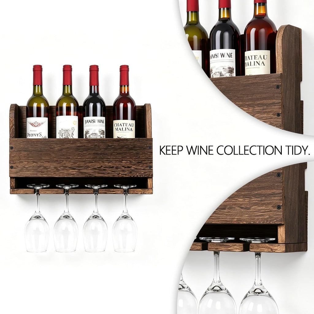 Wall Mounted Wooden Wine Rack with Glass Hanger | Wine Bottle Storage Shelf, Rustic Wall Wine Holder for Home Bar, Kitchen, Dining Room Farmhouse Decoration