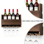 Wall Mounted Wooden Wine Rack with Glass Hanger | Wine Bottle Storage Shelf, Rustic Wall Wine Holder for Home Bar, Kitchen, Dining Room Farmhouse Decoration