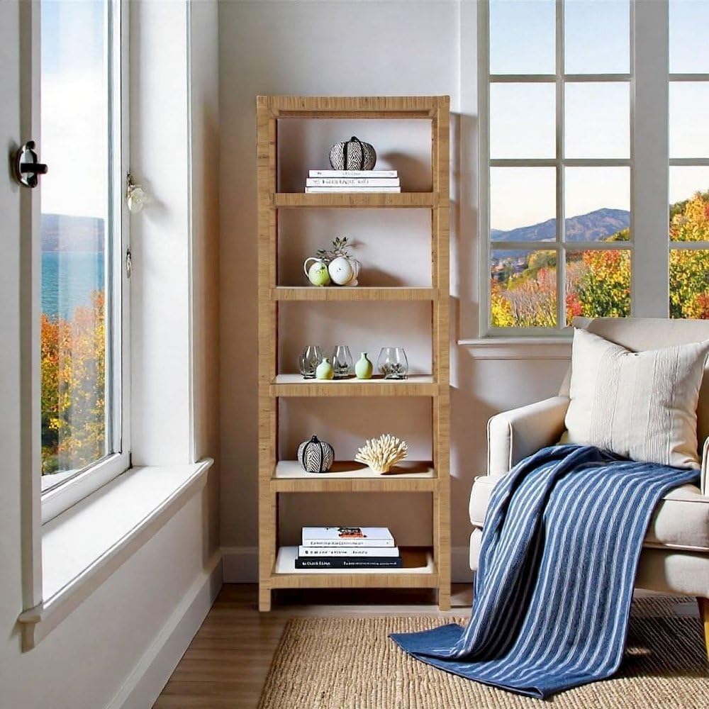 Starlight Canyon Home Rattan Bookshelf with Storage, Coastal 5 Shelf Bookcase with Glass Shelves and Open Back, Ideal for Modern and Rustic Interiors