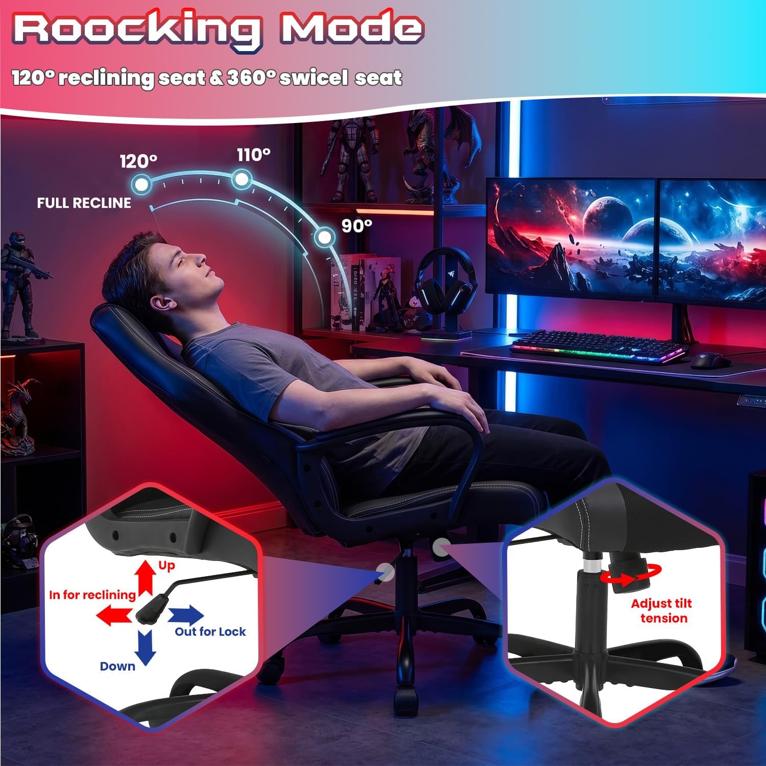 NChanmar Computer Gaming Chair Ergonomic High-Back Office Chair w/Lumbar Support Adjustable Height 360-Swivel Executive Desk Chairs for Adults Racing Writing Working,Black