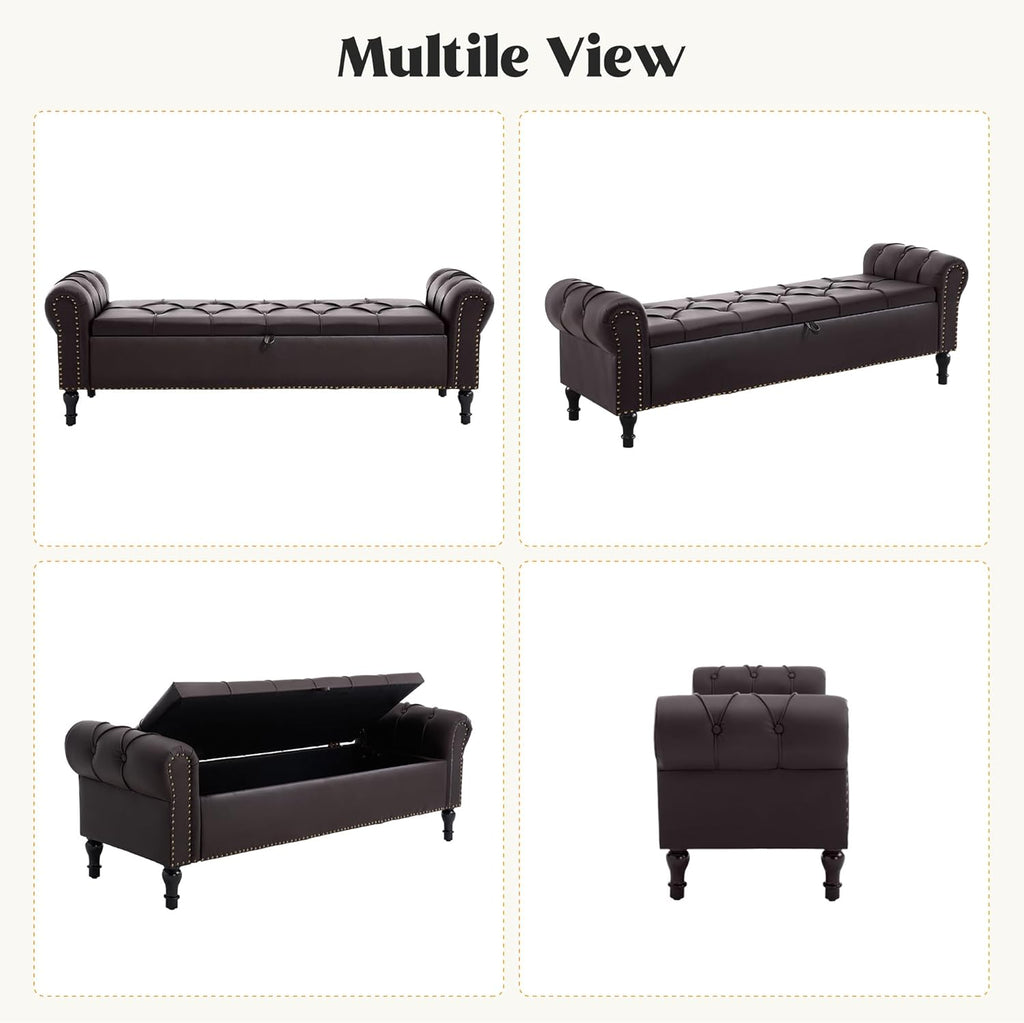 Faux Leather Storage Bench 67 Inch Upholstered Tufted Ottoman Bench with Arms Large Storage Space King Size End of Bed Bench for Bedroom Living Room Entryway Whiskey Coffee