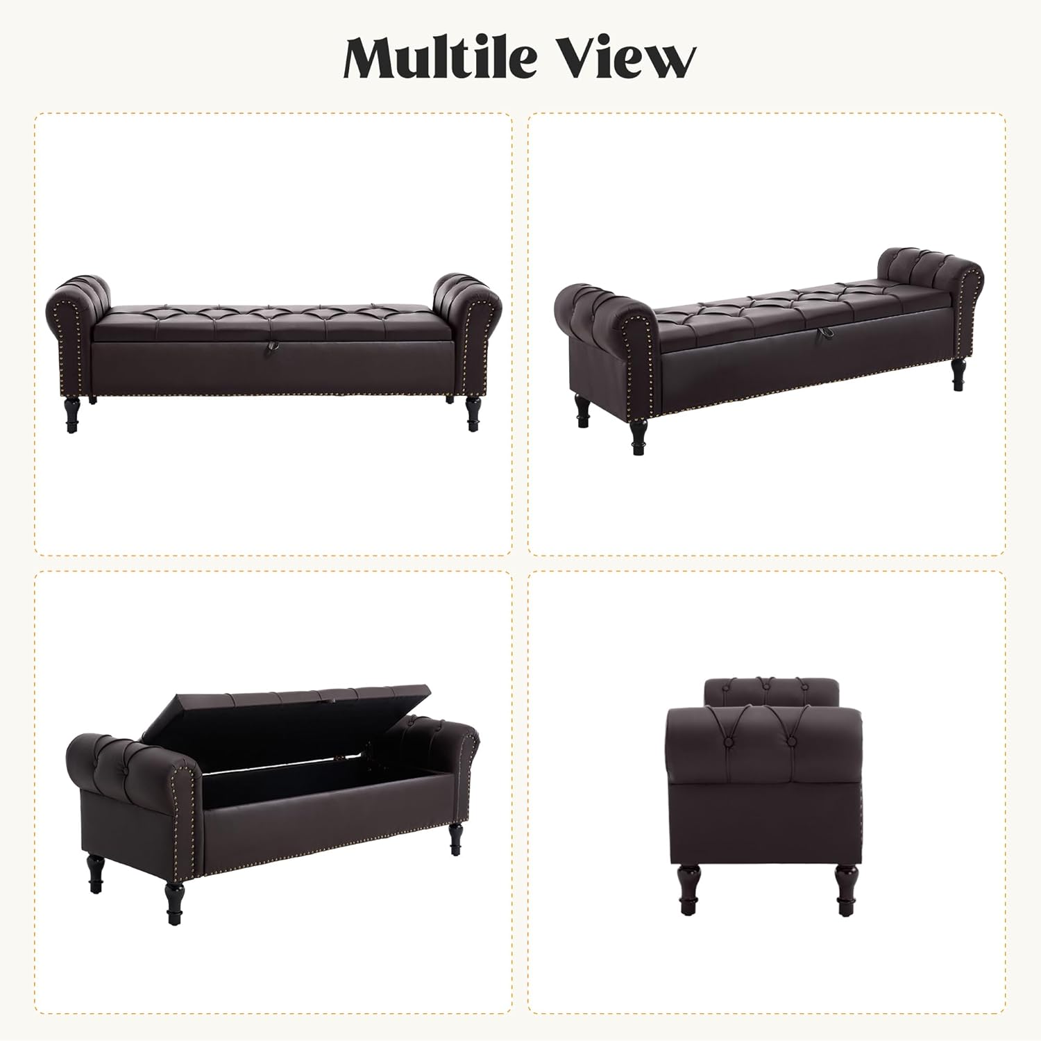 Faux Leather Storage Bench 67 Inch Upholstered Tufted Ottoman Bench with Arms Large Storage Space King Size End of Bed Bench for Bedroom Living Room Entryway Whiskey Coffee