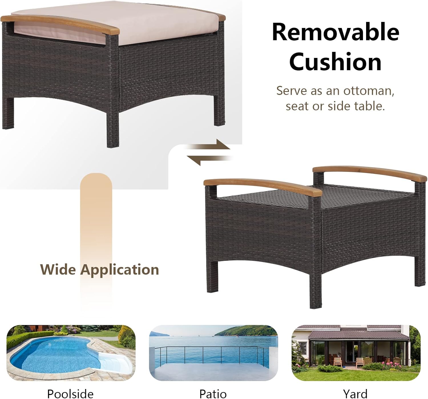 DORTALA Outdoor Ottoman Wicker 2 Piece, Square Patio Ottomans PE Rattan Foot Rest Footstool with Cushions for Couch, Chair, Beige