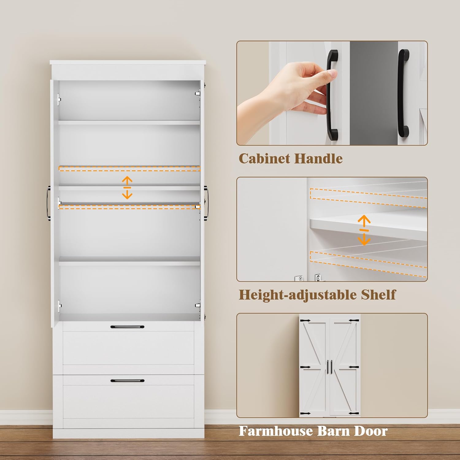 71” H Kitchen Pantry Cabinet, 4-Tier Farmhouse Storage Cabinet with Barn Doors, 2 Drawers, Adjustable Shelf, Freestanding Cupboard for Kitchen, Bathroom, Living Room (White)