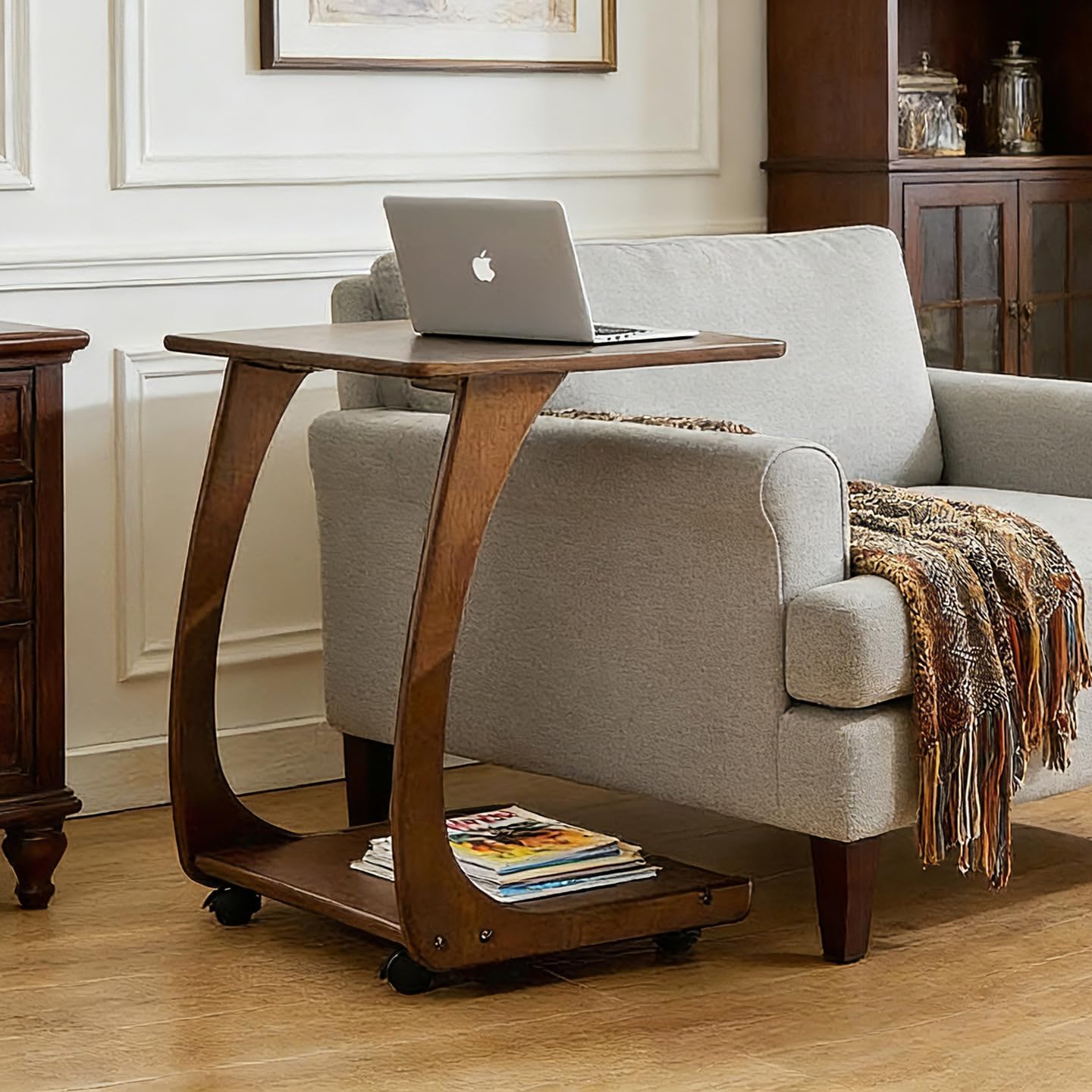 Solid Wood C-Shaped End Table with Wheels, Walnut Slide Under Sofa Side Table with Storage Shelf, Mobile Accent Table for Living Room Bedroom