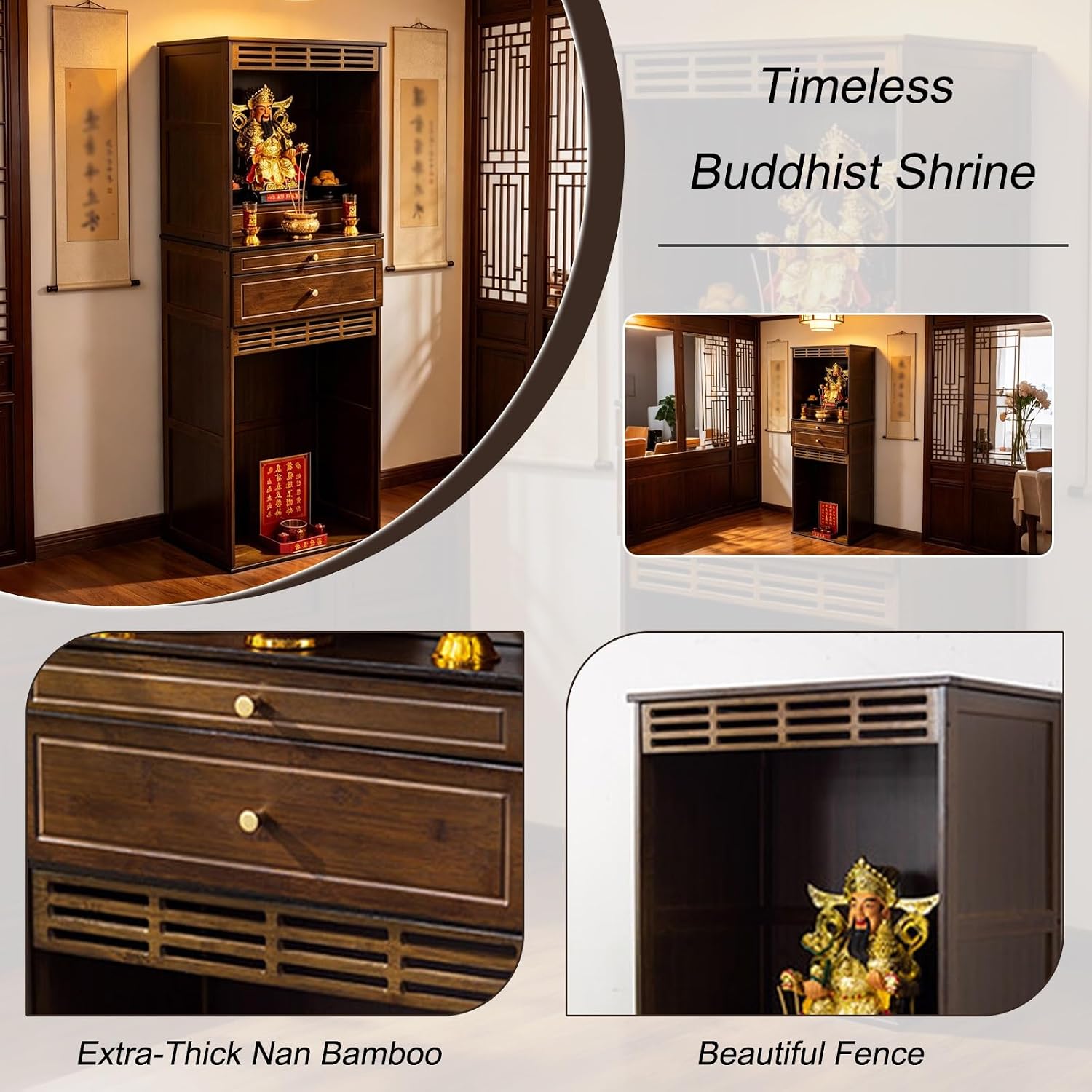 Altar Table, Freestanding Bamboo Storage Cabinet with Drawers, Floor-Standing Wooden Display Table with Shelves, for Living Rooms, Shrines, Temples(Brown,38 * 37 * 172cm/15 * 14.6 * 67.7in)