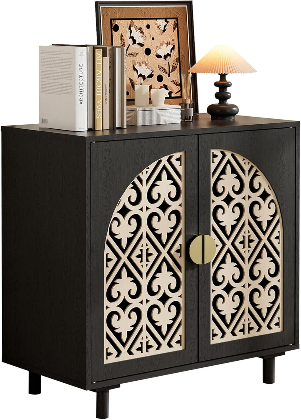 Decorative Storage Cabinet Sideboard with Hollow Carved Panels, 2 Doors, Natural Wood, 29.8 x 31.6 x 15.8 Inches. [Black, 1pc]