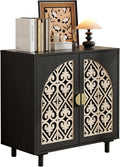Decorative Storage Cabinet Sideboard with Hollow Carved Panels, 2 Doors, Natural Wood, 29.8 x 31.6 x 15.8 Inches. [Black, 1pc]