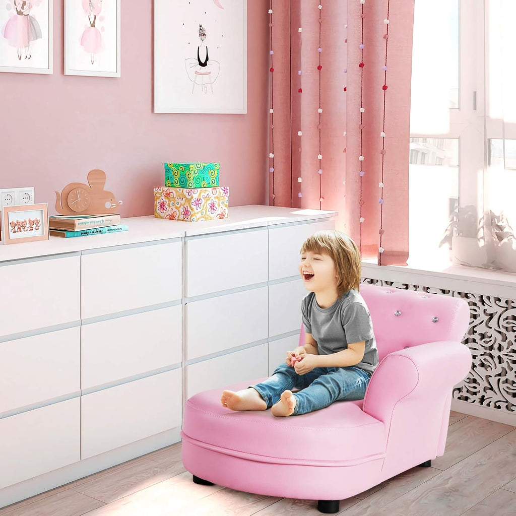 GLACER Kids Sofa, Pink Toddler Couch Princess Sofa with PVC Leather and Embedded Crystal, Upholstered Children Chaise Lounge, Baby Sofa Chair Children Armchair for Girls