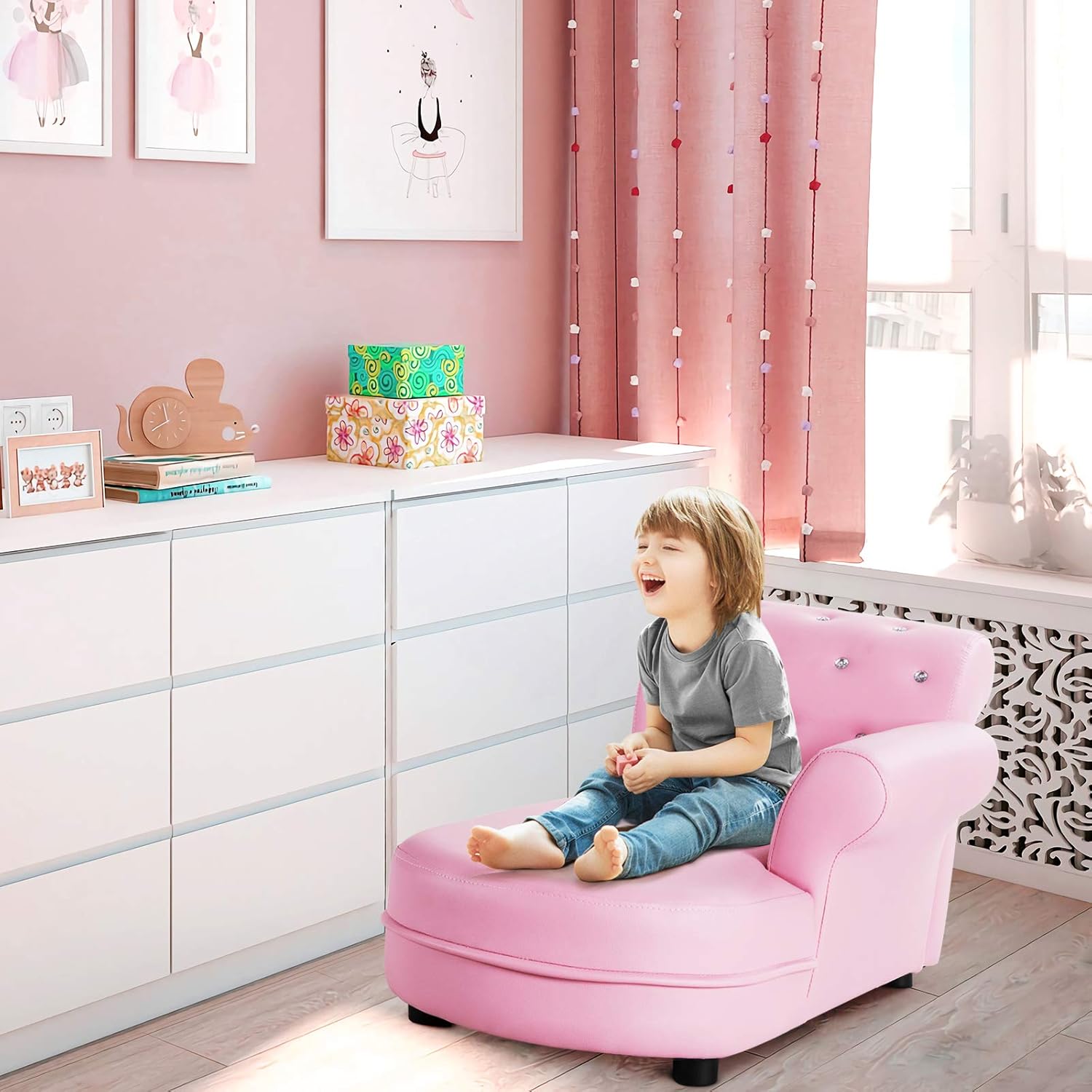 GLACER Kids Sofa, Pink Toddler Couch Princess Sofa with PVC Leather and Embedded Crystal, Upholstered Children Chaise Lounge, Baby Sofa Chair Children Armchair for Girls