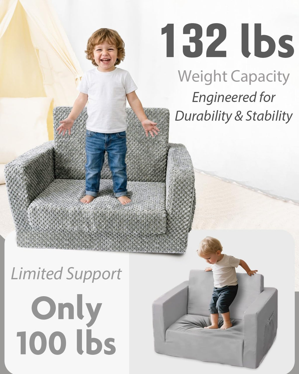 TinyPalsa Foldable Toddler Couch with Soft Sherpa Cover, 2-in-1 Comfy Toddler Sofa & Lounger for 3+ Years Old Girls Boys, Kids Chair with Pockets & Handle for Reading, Playroom (Grey)