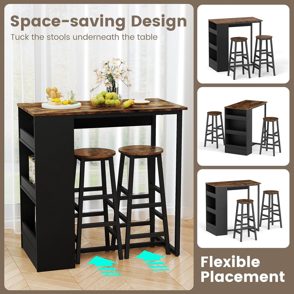 COSTWAY 3-Piece Bar Table Set, 36" Counter Height Breakfast Table with 3 Storage Shelves & 2 Round Stools, Rectangular Kitchen Table Set for 2, for Dining Room, Living Room, Rustic Brown and Black