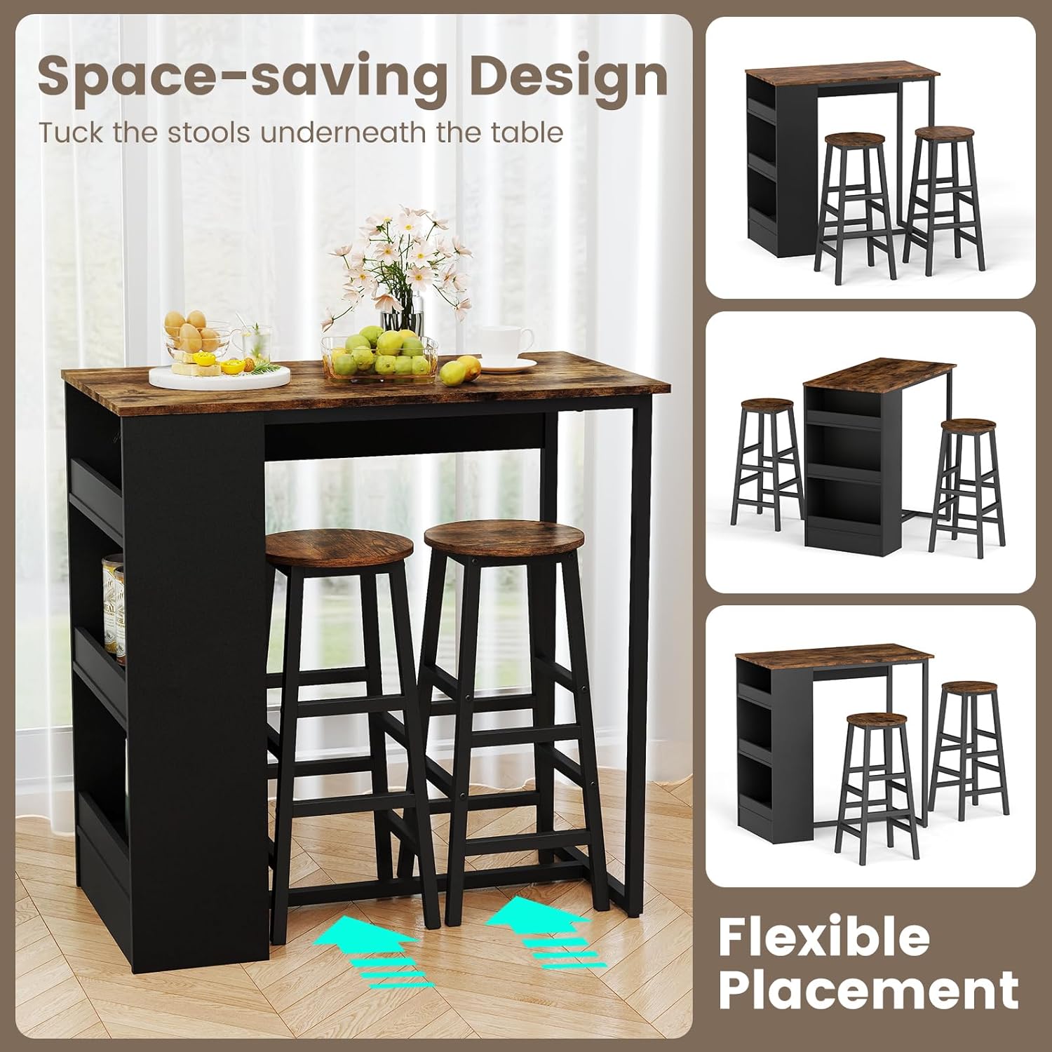 COSTWAY 3-Piece Bar Table Set, 36" Counter Height Breakfast Table with 3 Storage Shelves & 2 Round Stools, Rectangular Kitchen Table Set for 2, for Dining Room, Living Room, Rustic Brown and Black