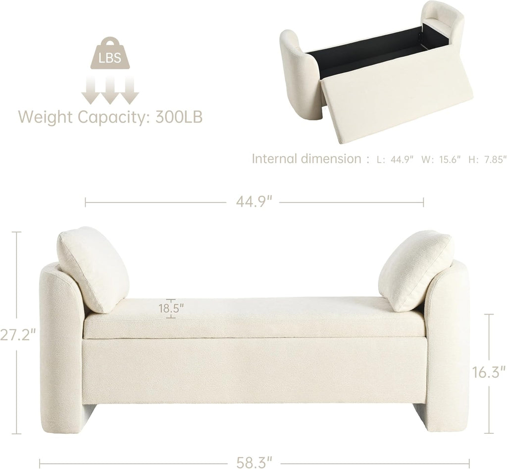 Usaint 58.3" Storage Ottoman Bench with Pillows, Upholstered End of Bed Bench with Arms, Footrest Stool Bench for Bedroom, Living, Window, Entryway and Hallway, Beige
