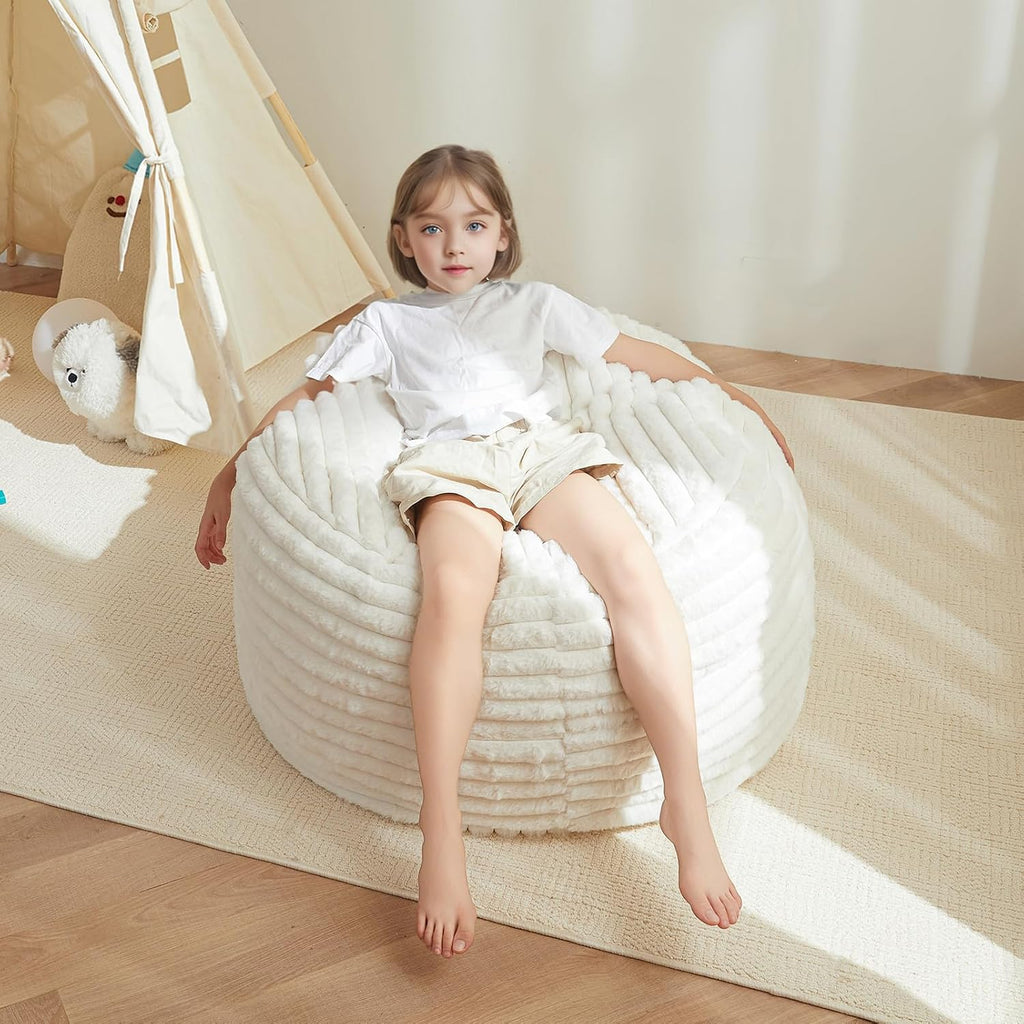 MAXYOYO Kids Bean Bag Chair Bed, Convertible Children Bean Chair to Floor Couch with Filler, Faux Fur Bean Bag Bed Stuffed Child Sofa Couch for Girl Boy, Beige Large