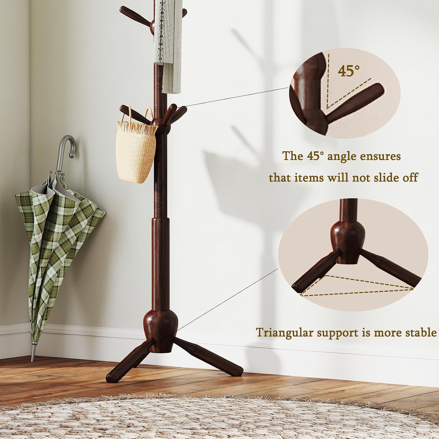Solid Wood Coat Rack Stand, Vintage Heavy Duty Coat Hanger Stand with 9 Hooks, 3 Adjustable Size Sturdy Coat Tree for Living Room, Entryway, Office, Hallway, Brown