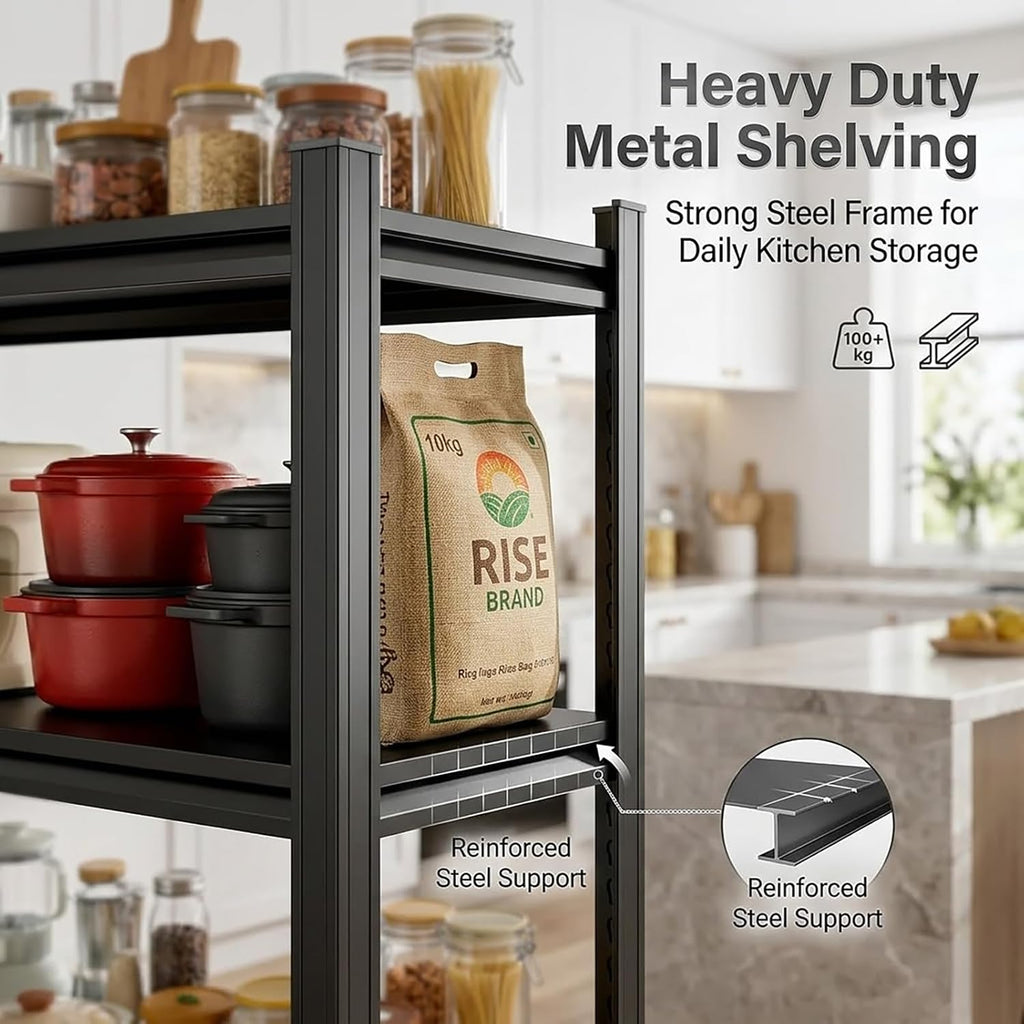 Kitchen Pantry Storage Shelves, 5-Tier Heavy Duty Metal Shelving Unit, Black Adjustable Deep Shelf Organizer for Pots, Pans, Food, and Pantry Items (5-45" W X 16" D X 71" H)