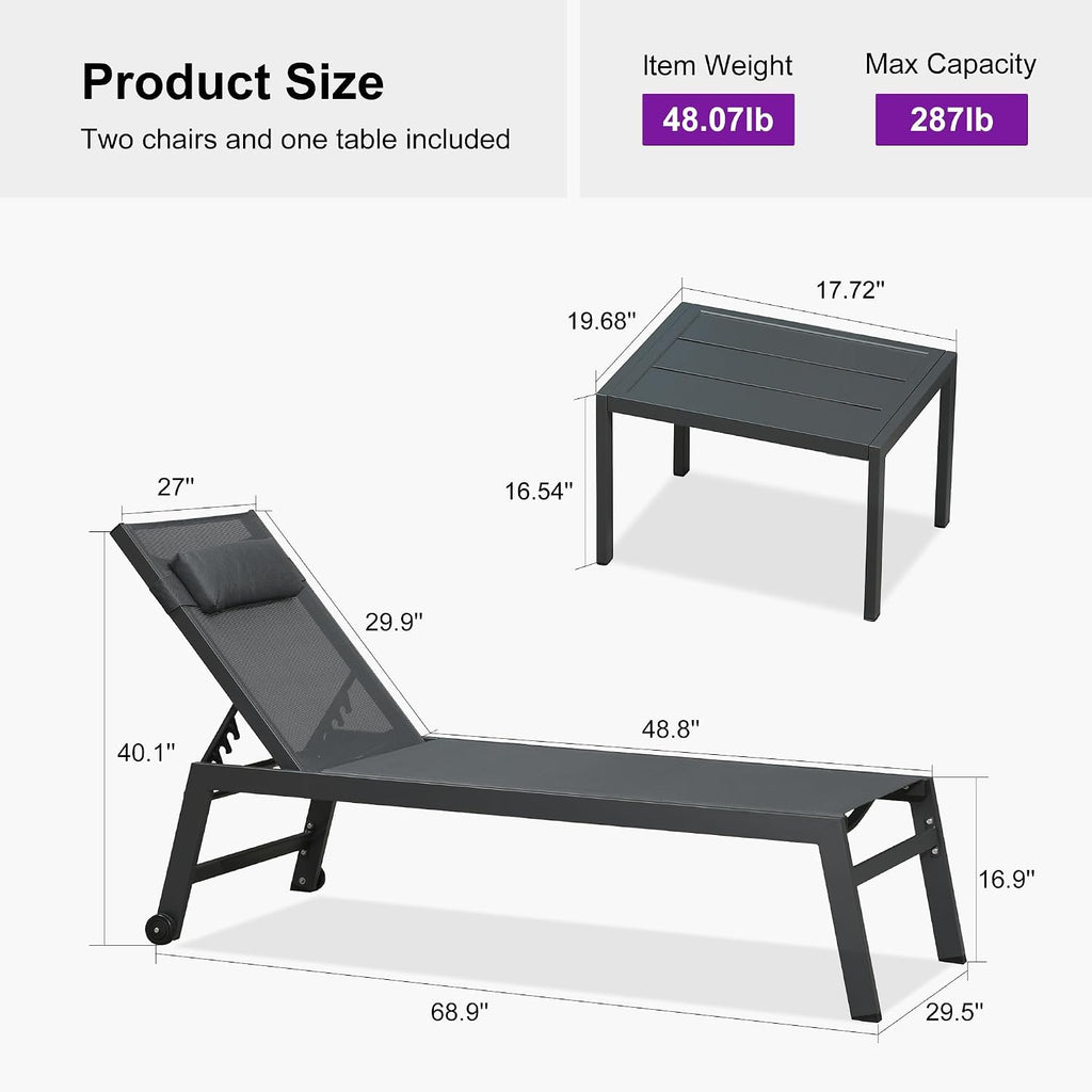 PURPLE LEAF Outdoor Oversized Lounge Chair Set of 3 Pool Lounger Patio Chaise Aluminum Frame with Side Table and Wheels for Outside Sunbathing Tanning Recliner Including Pillows Gray