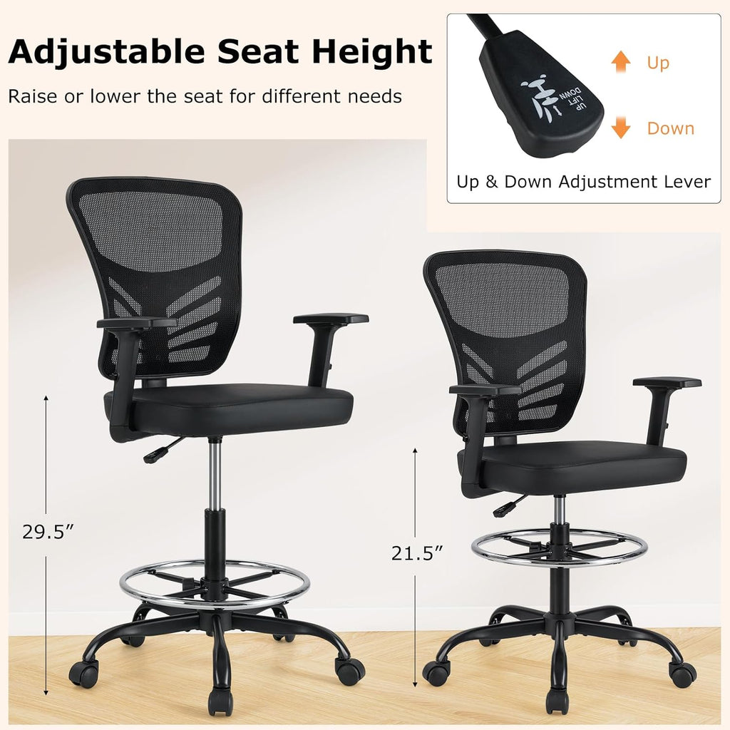 Giantex Drafting Chair, Tall Office Chair with Adjustable Armrests & Footrest Ring, Ergonomic Computer Standing Desk Chair with Lumbar Support for Counter Height Desk, Home Office