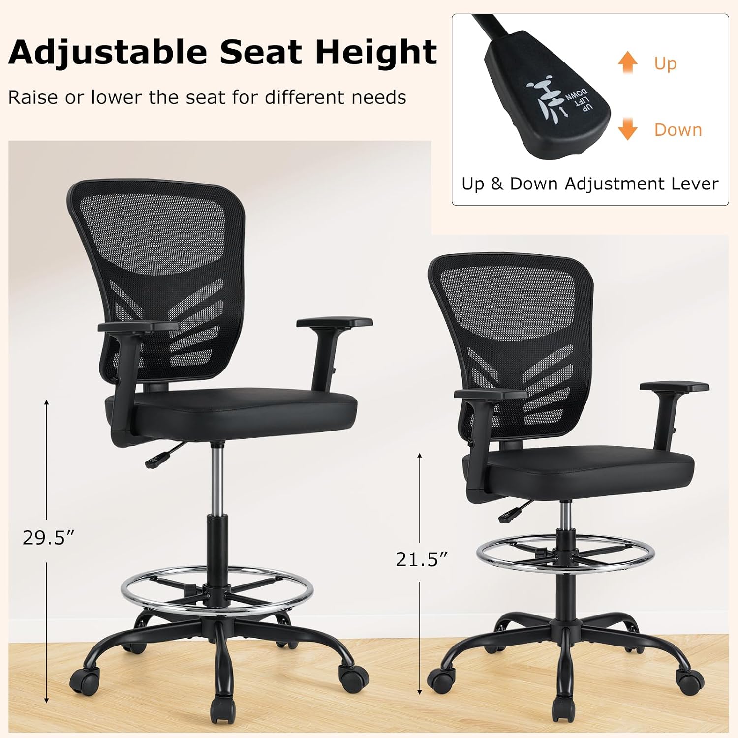 Giantex Drafting Chair, Tall Office Chair with Adjustable Armrests & Footrest Ring, Ergonomic Computer Standing Desk Chair with Lumbar Support for Counter Height Desk, Home Office