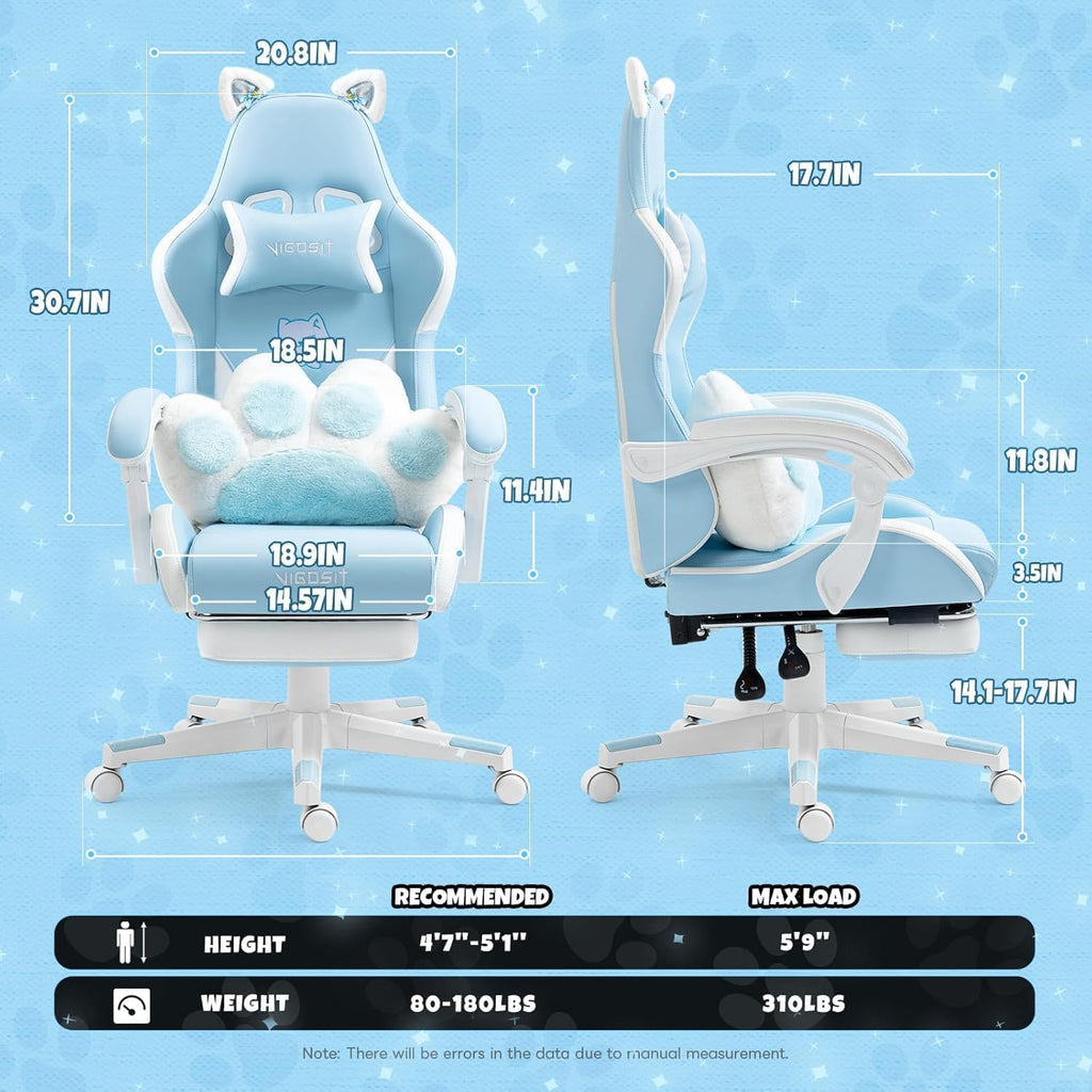 Ergonomic Kawaii Desk Chair with Cat Paw Lumbar Cushion and Cat Ears, Cute Pink Computer Chair with Footrest, PC Video Anime Gaming Chairs Recliner for Kids, Girls, Teens (Blue, Cat Chair)