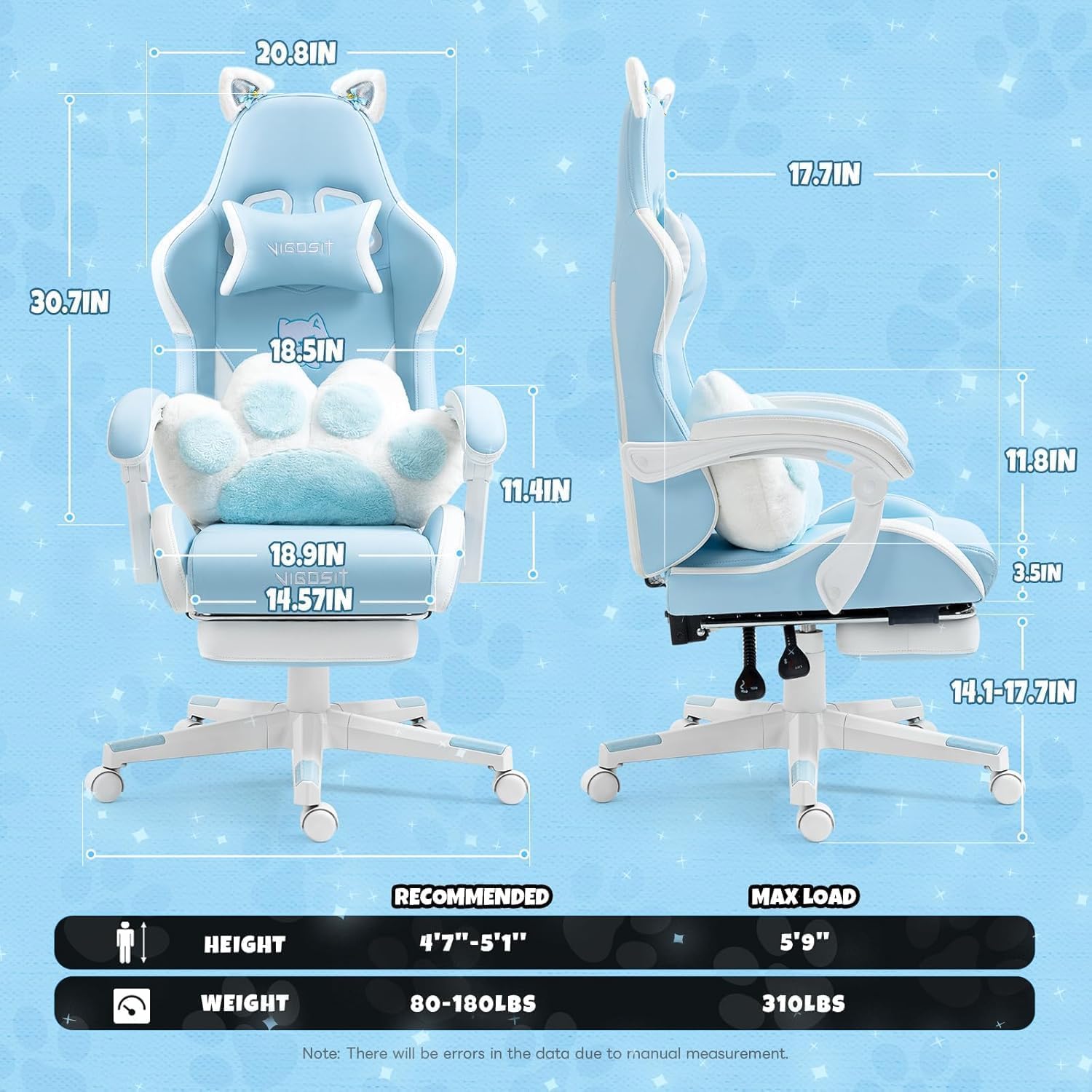 Ergonomic Kawaii Desk Chair with Cat Paw Lumbar Cushion and Cat Ears, Cute Pink Computer Chair with Footrest, PC Video Anime Gaming Chairs Recliner for Kids, Girls, Teens (Blue, Cat Chair)