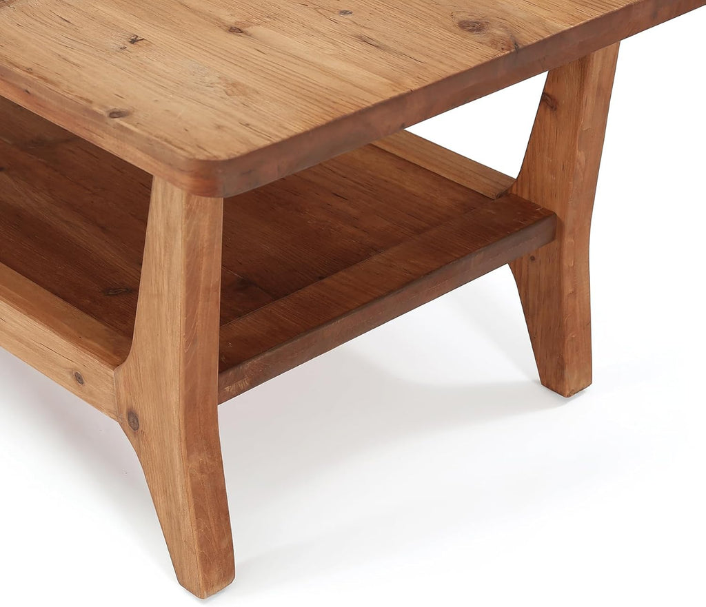 LITTLE TREE Solid Wood Coffee Table, 47-Inch Living Room Center Table with Shelf, 2-Tier, Smooth Corners, Lightweight, Easy Assembly, 23.6" D x 47.2" W, Warm Cedar Brown Finish