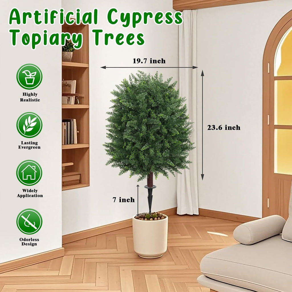 Artificial 28.7 Inches Cedar Topiary Trees with Ground Spike, 2 Pieces Fake Pine Shrubs Bushes, UV Resistant Faux Evergreen Cypress Tree Plants for Indoor Outdoor