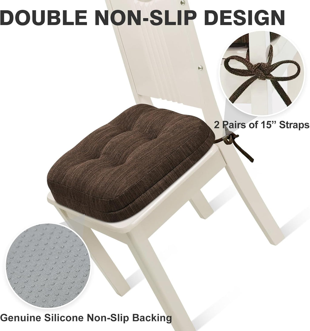 Shinnwa Dining Chair Cushions Set of 6, Dual-Layer Memory Foam Kitchen Chair Cushions, Patented Design Seat Pads with Ties, 16.5 x 16.5 x 3.5in, 6 Pack, Dark Brown