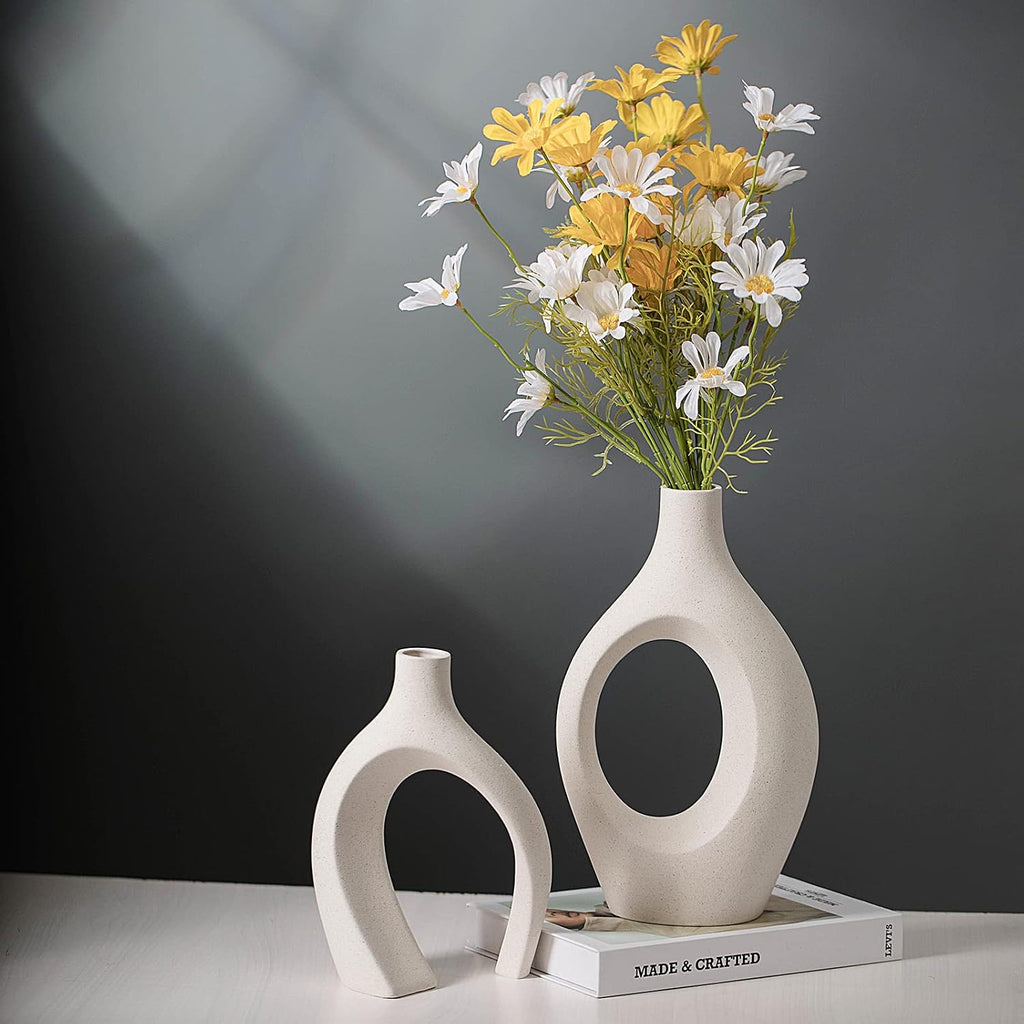 Liotww Extra Large Hollow Nordic Modern Ceramic Vases Set of 2, Milky White Aesthetic Round Donut Boho ins Style Flower Decorative Vase for Room Home Book Shelf Table Decor (Matte W 8" X H 11")