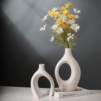 Liotww Extra Large Hollow Nordic Modern Ceramic Vases Set of 2, Milky White Aesthetic Round Donut Boho ins Style Flower Decorative Vase for Room Home Book Shelf Table Decor (Matte W 8" X H 11")