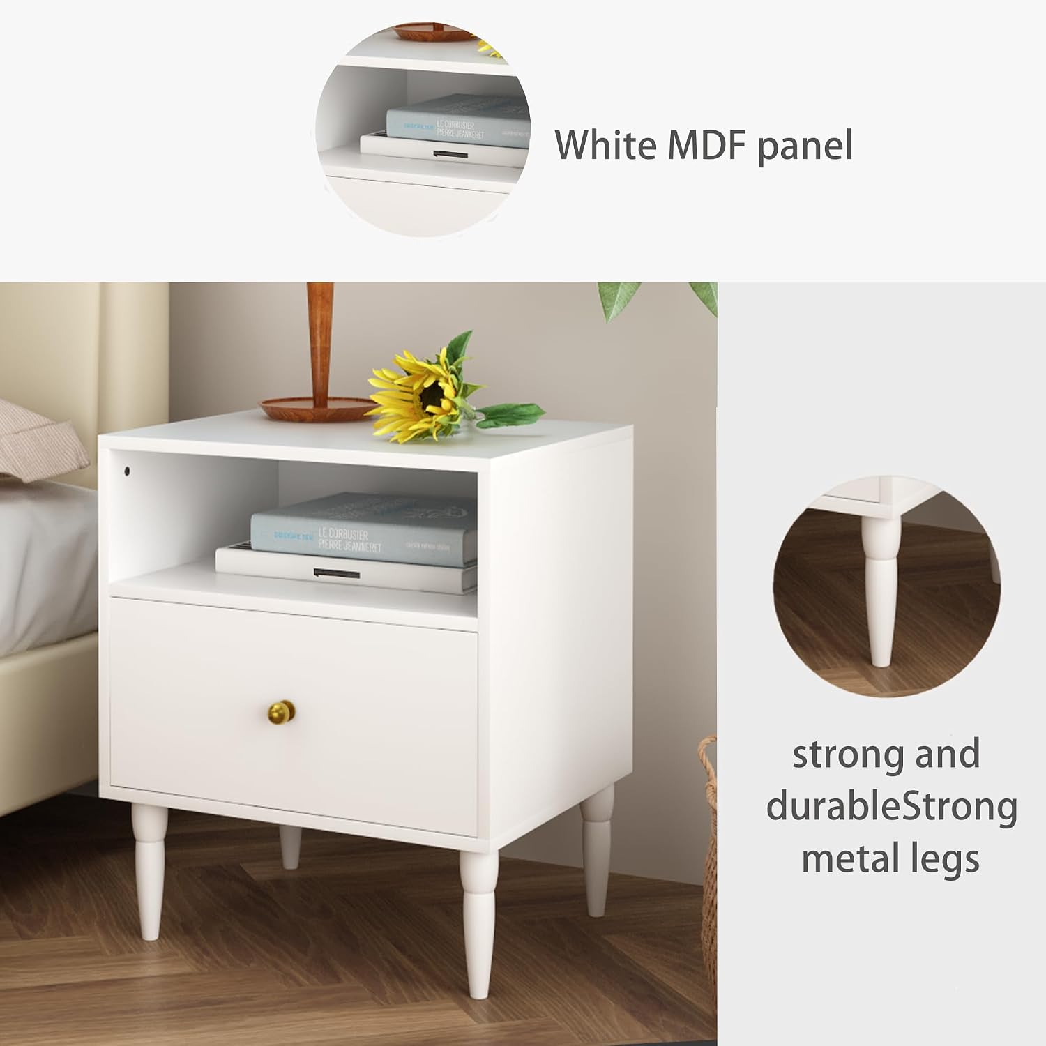 Modern White Nightstand with Drawer & Open Shelf - Gold Knob Bedside Table for Bedroom & Living Room (White)