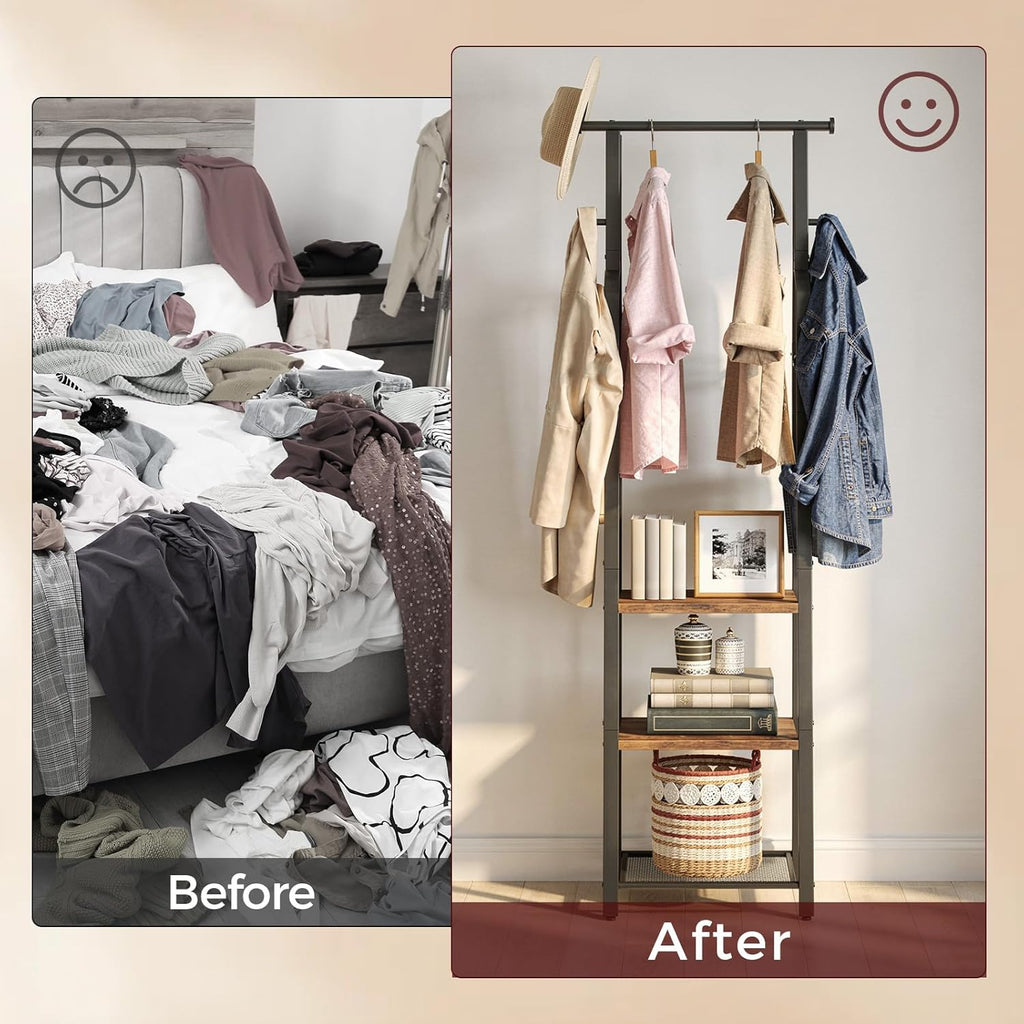 MAHANCRIS Coat Rack Freestanding, Hall Tree with 3-Shelves and 8 Hooks, Industrial Clothes Rack Stand Organizer for Entryway, Bedroom, Bags, Hats, Scarves, Rustic Brown and Black CRHR14901