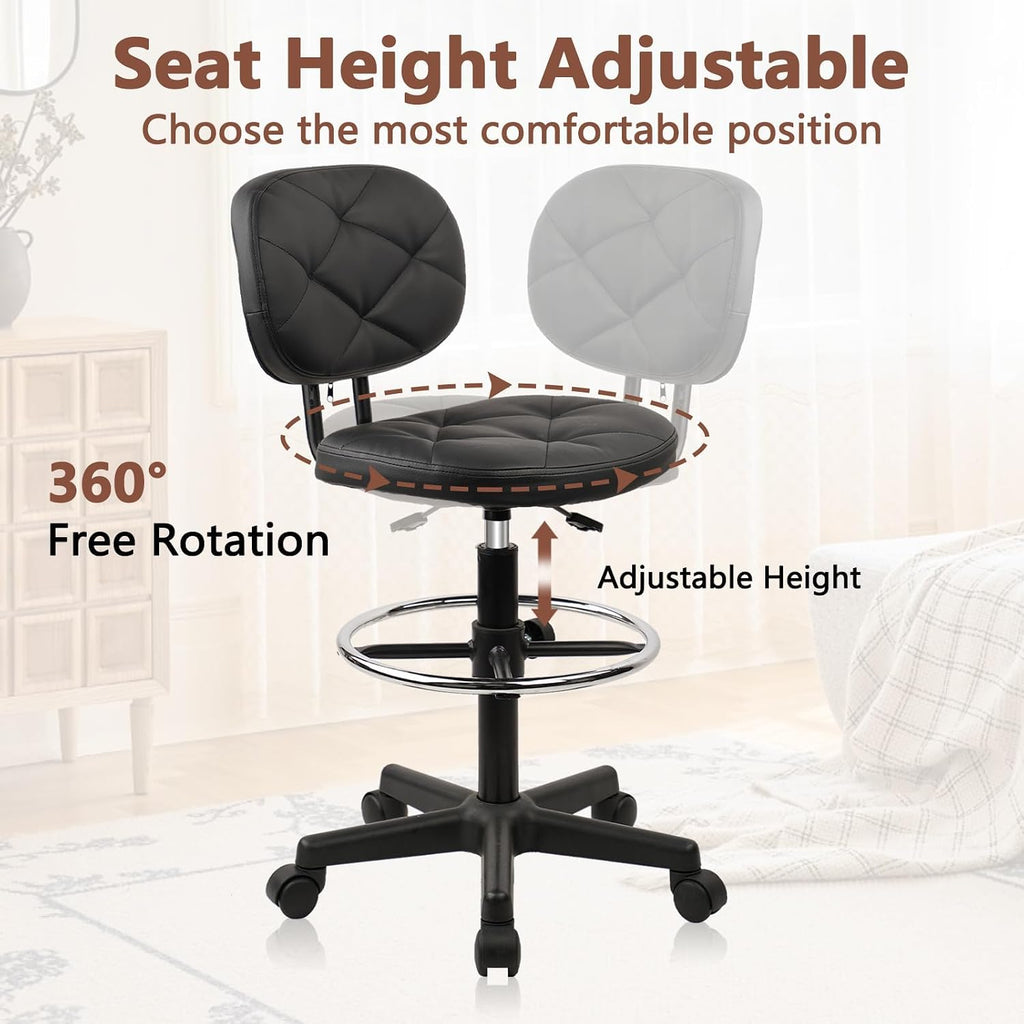 KLASIKA Leather Drafting Stool Chair with Ergonomic Backrest & Footrest, Padded Seat Adjustable Height 360° Swivel Rolling Stools, Tall Office Chair for Standing Desk, Shop, Drawing, Work, Black